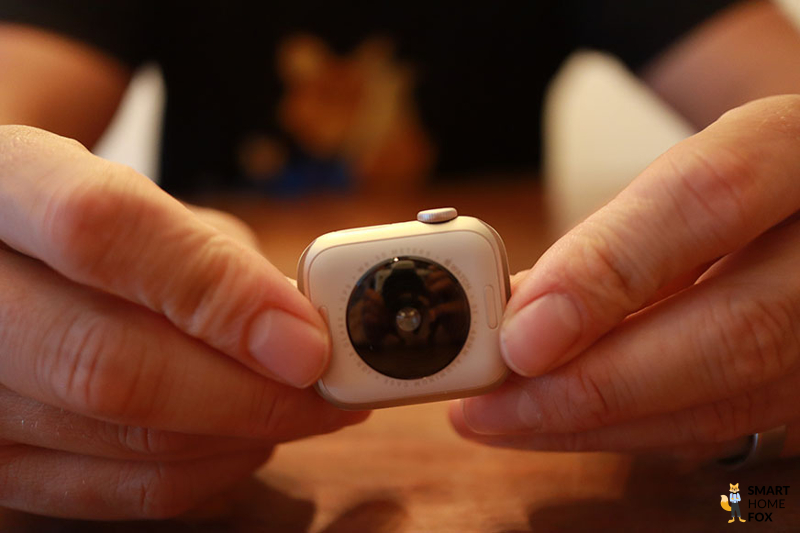 Man sieht die Rückseite der Apple Watch SE.